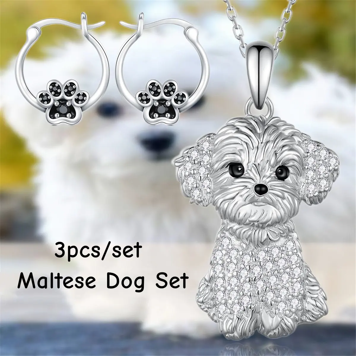 Alloy Maltese Dog Pendant & Paw Hook Earrings Set (3 Pcs) - Elegant Daily Fashion Jewelry, Ideal for Pet Theme Parties, Birthday Gifts, Christmas, Back To School, Cute