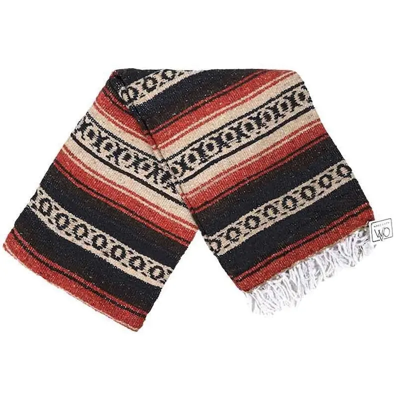 Mexican Falsa Blanket Brown Beige Red | Heavy Mexican Yoga Blanket Thick | Boho Home Decor Throw | Baja Style