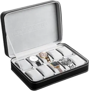 OSVINO Watch Box for Men, 10-Slot Watch Display Case with Zipper, Father'S Day Gift Mens Watch Holder, PU Leather Watch Storage Box, Removable Watch Pillows, Jewelry and Watch Storage Case, Black