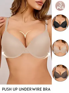 MIMILEMON Women's 3-Piece Basic Push-Up T-Shirt Bra Set - Underwire, Anti-Sagging Lift, Strap Design, Solid Color, Slim-Fit, Minimalist Style, Comfortable Everyday Wear