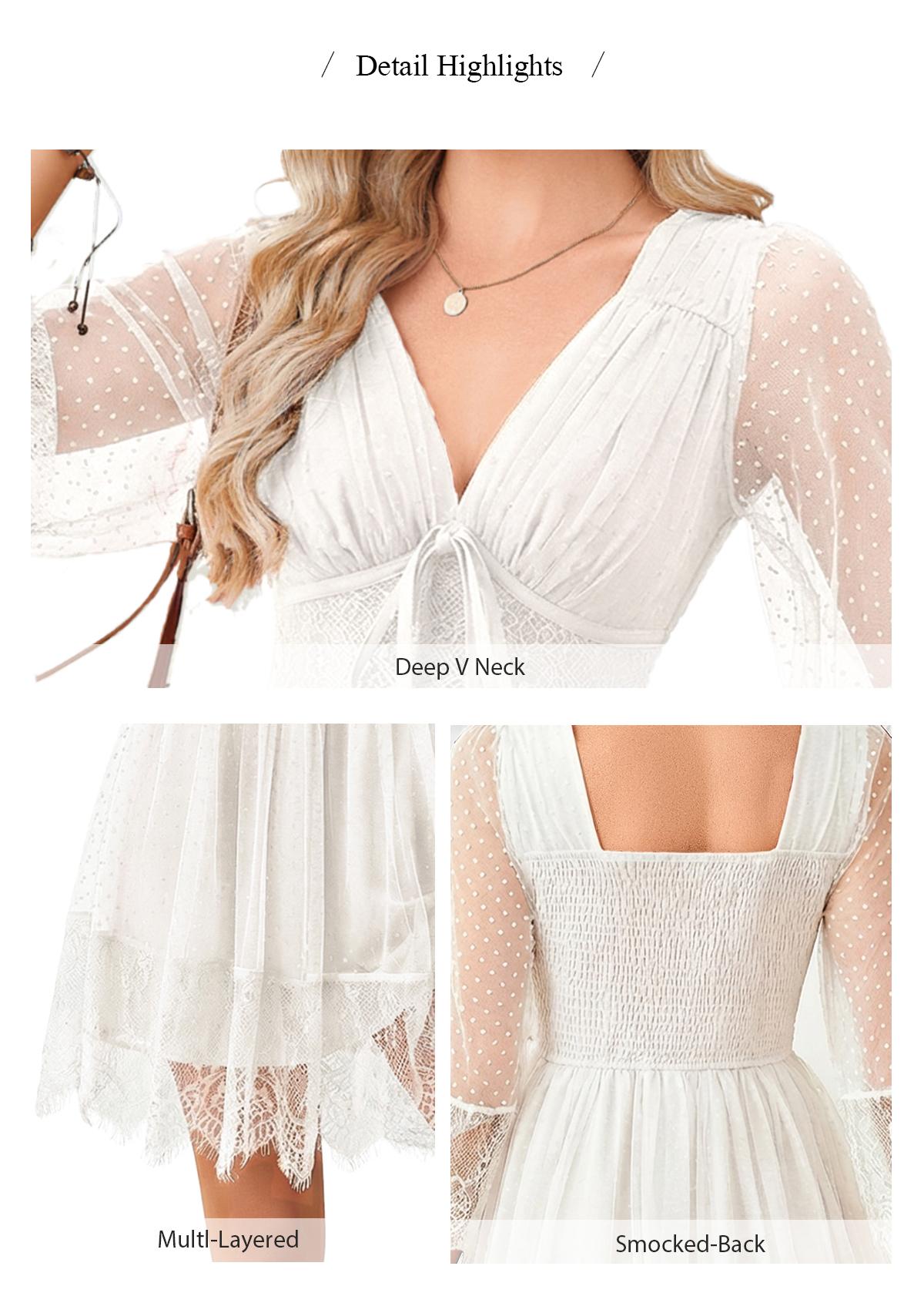 Florboom Women's Boho Sheer Lace Mini Dress &ndash; Deep V-Neck with Bow Tie & Ruffle Sleeves , Polka Dot Vintage Western Style Party Dress for Festivals & Date Nights Womenswear,Summervibes