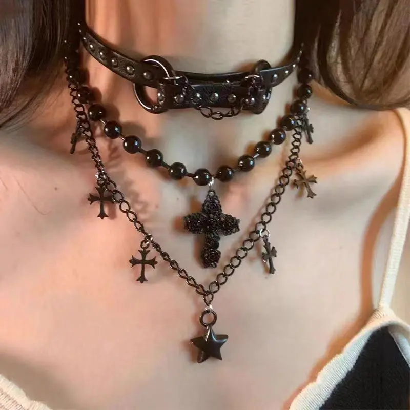 Gothic Multi-layer Choker Necklace, Black Leather Rivet Collar with Cross Star Pendant, Punk Y2K Dark Aesthetic Neck Jewelry for Women trendy