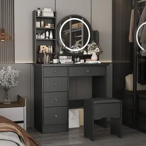 FUFU&GAGA Makeup Vanity Desk with LED Mirror & Lights | Storage Drawers, Shelves & Cushioned Stool | Bedroom Dressing Table Set [LIVE] Decorative Crafts Mdf Board