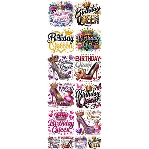 Birthday Queen Gangsheet Heat Transfer 10 Full-Size Transfers 4 Pre-Made Sheets 22"x60" Ready to Press DTF Transfers for Crafting Diy Decoration Diy Decoration Set