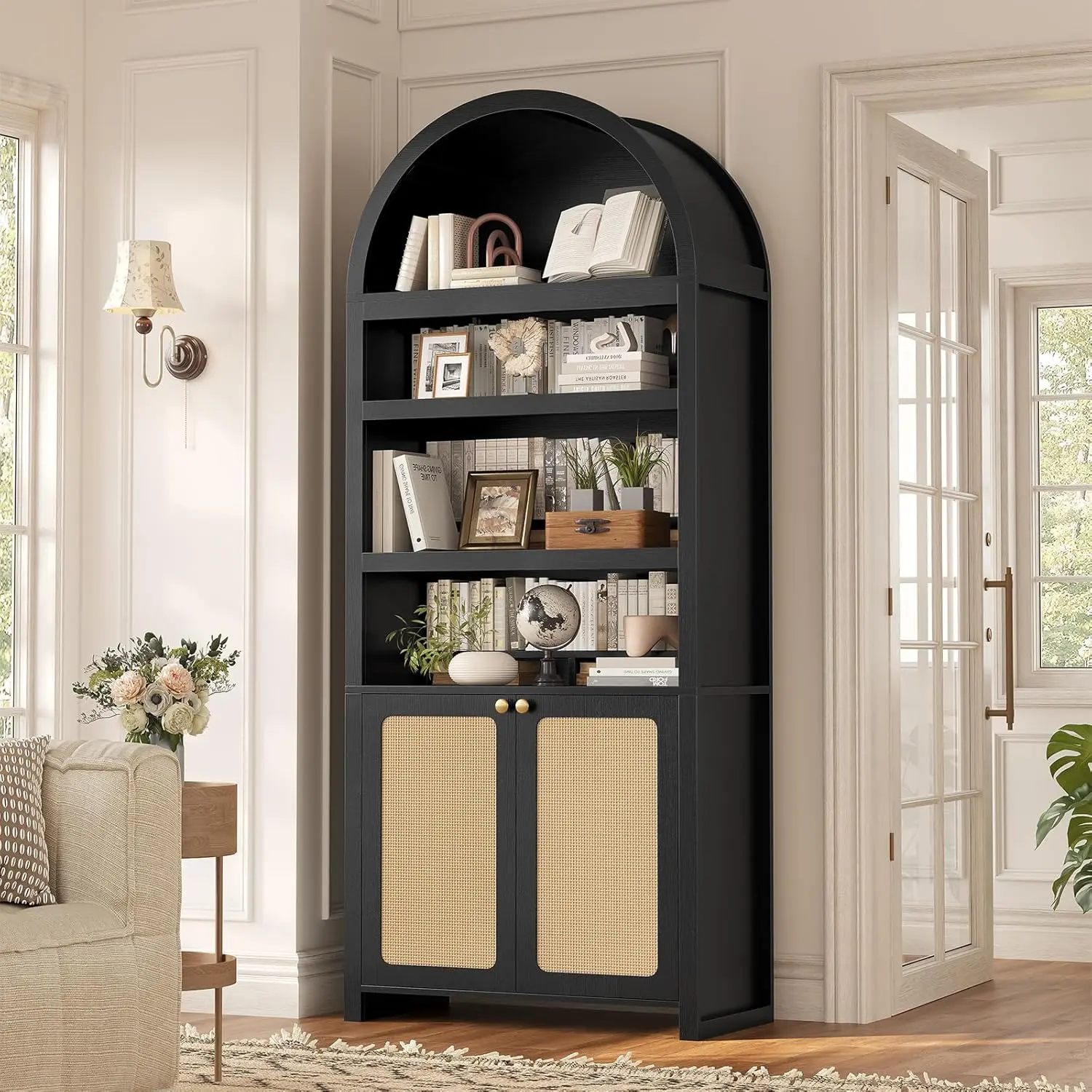 81" Tall Contemporary Engineered Wood Arch Top Bookcase - 6-Tier Storage Cabinet with Door, 2 Book Dividers, Adjustable Shelves, Space-Saving for Home Library, Living Room (Book Nook, Collectibles) Black+Oak, Space Saving Furniture