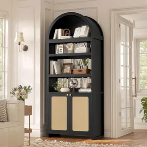 81" Tall Arched Bookcase with Storage, 6-Tier Cabinet with Door, 2 Book Dividers & Adjustable Shelves. Modern Bookshelf for Living Room, Kitchen, Home Office, Space-Saving, Black+Oak