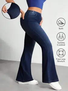 Plus Size High Waist Four-Way Stretch Flare Jeans, Belly Control Soft Denim Jeans, Casual Fitted Solid Pattern All Seasons Clothing