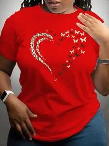 【Plus Size】 Butterfly & Leopard Print Round Neck Tee, Fashion Casual Crew Neck Short Sleeve Fitted T-shirt for Daily Outdoor Wear, Women Plus Clothing for All Seasons, Top, Womenswear