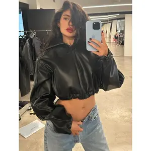Women’s fashionable hooded faux leather jacket with a slim fit, available in long-sleeve zip-up or short-sleeve options for autumn and winter casual wear.