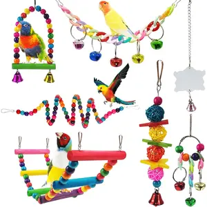 7 Pcs Colorful Bird Toys for Parakeets, Pet Bird Cage Hammock Swing Climbing Ladders Chewing Toy Mirror Hanging Bell Wooden Perch for Budgerigar, Conures, Love Birds etc