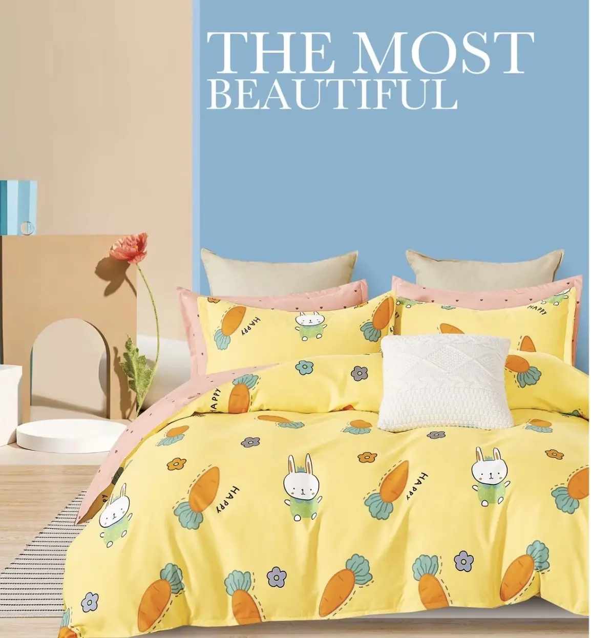 4-Piece Cute Bed Sheet Set featuring a playful Cartoon Bunny, Carrot, and Bear print. 100% Polyester Solid Color, Includes 2 pillowcases, 1 duvet cover, 1 fitted sheet - Machine Washable, Sanded Craftsmanship, All-Season Comfort