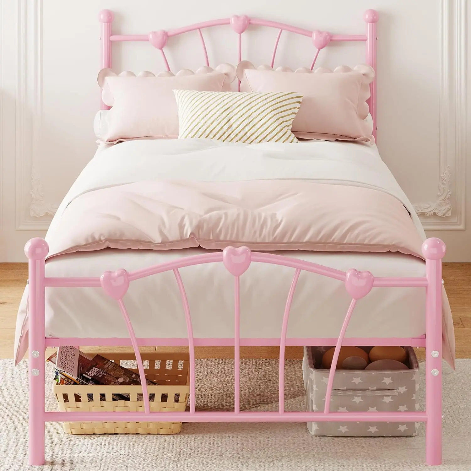 Gaomon Blush Pink Twin Size Sturdy Platform Bed Frame - Metal Frame with Iron-Art Heart Accents Headboard & Footboard, Under-Storage, Supports Up to 600 Lbs, Quick Setup, No Box Spring Needed, Bedroom Furniture Decor