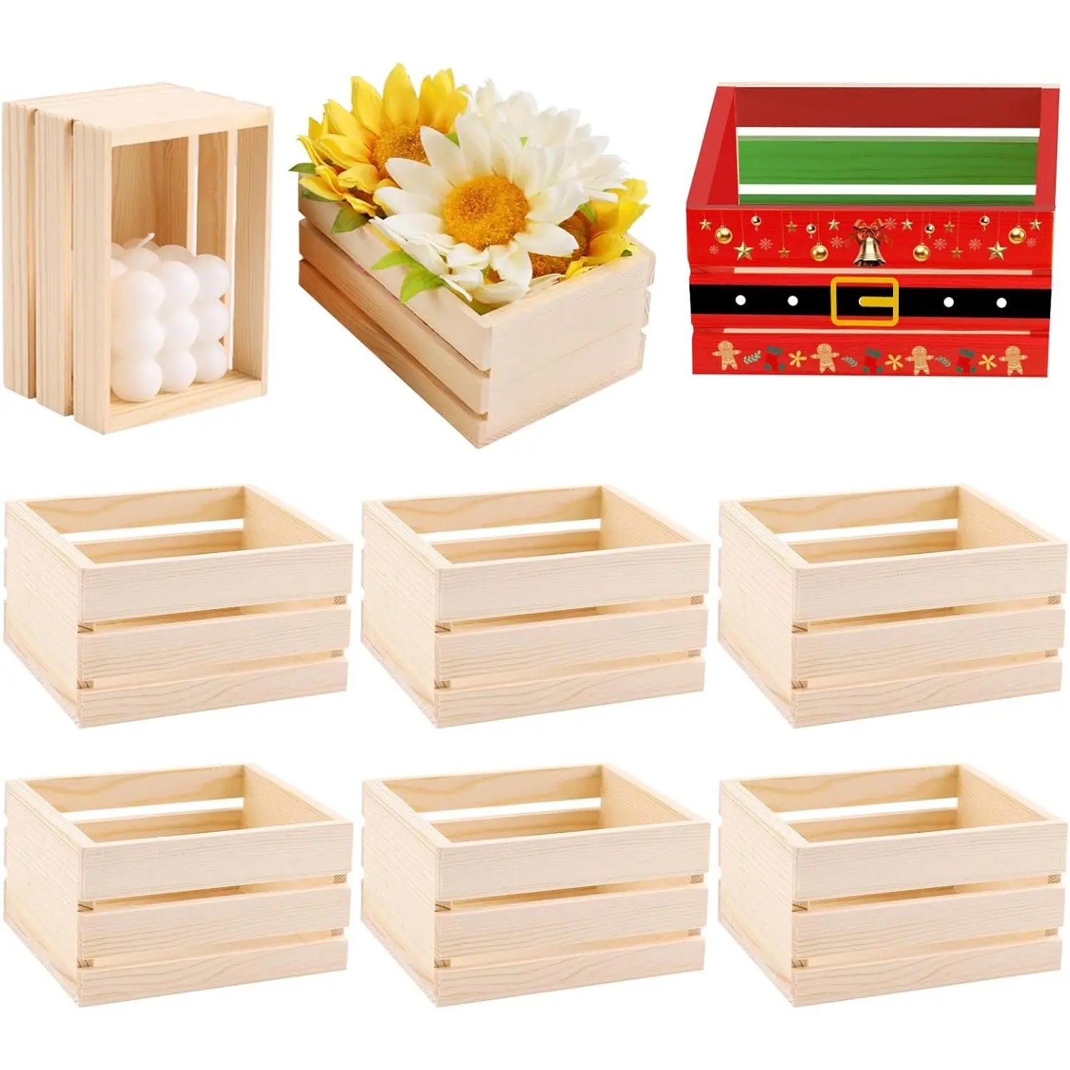 6-Pack 5" L x 3.46" W x 2.76" H Durable Rustic Wooden Crates Set - Unfinished Nesting Farmhouse Storage Boxes with Organizer Function, DIY Craft Containers for Bedroom, Engagement Parties
