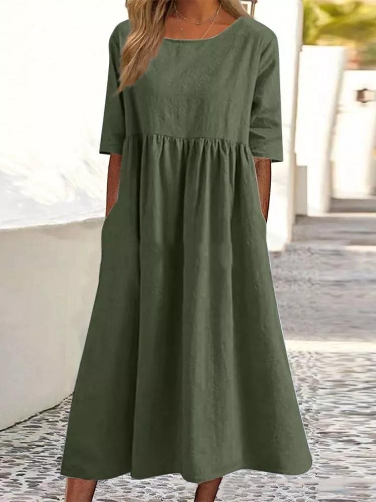 2026 Women's Summer Cotton Linen Loose Midi Dress - Casual Short Sleeve Round Neck Flowy Beach Vacation Dress with Pockets, Plus Size Vintage Style Party Wear