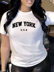 New York Letter Print T-Shirt, Casual Short-Sleeve Round Neck Top for Spring And Summer, Women'S Clothing