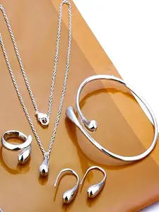 Water Droplet Design Alloy Jewelry Set, Includes Earrings Necklace Bracelet Ring, Stylish Gift for Women