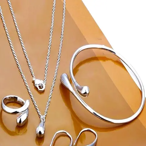 Water Droplet Design Alloy Jewelry Set, Includes Earrings Necklace Bracelet Ring, Stylish Gift for Women, Jewellery, Accessories Set