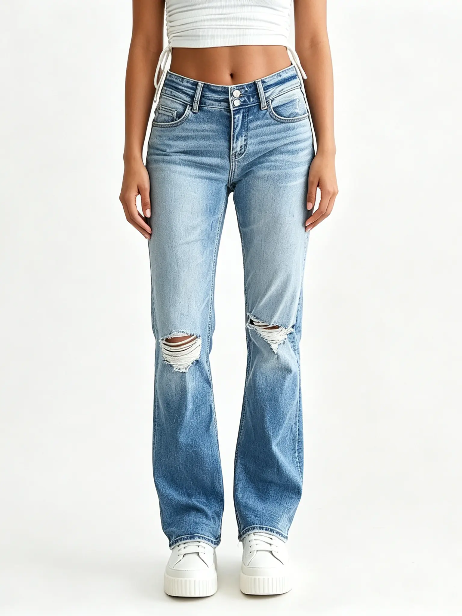 Women's Stretch Front Ripped Cuffed Straight Leg Jeans - Comfortable Classic Vintage Relaxed Fit, Perfect for Everyday Wear