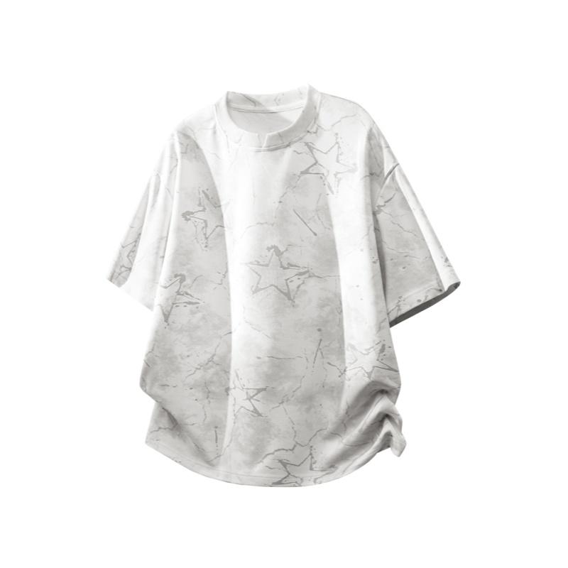 Men’s American tie-dye V-neck printed T-shirt with dropped shoulders and short sleeves; lightweight knit top for summer—breathable, trendy, versatile casual wear for everyday use and outdoor sports; Y2K style.