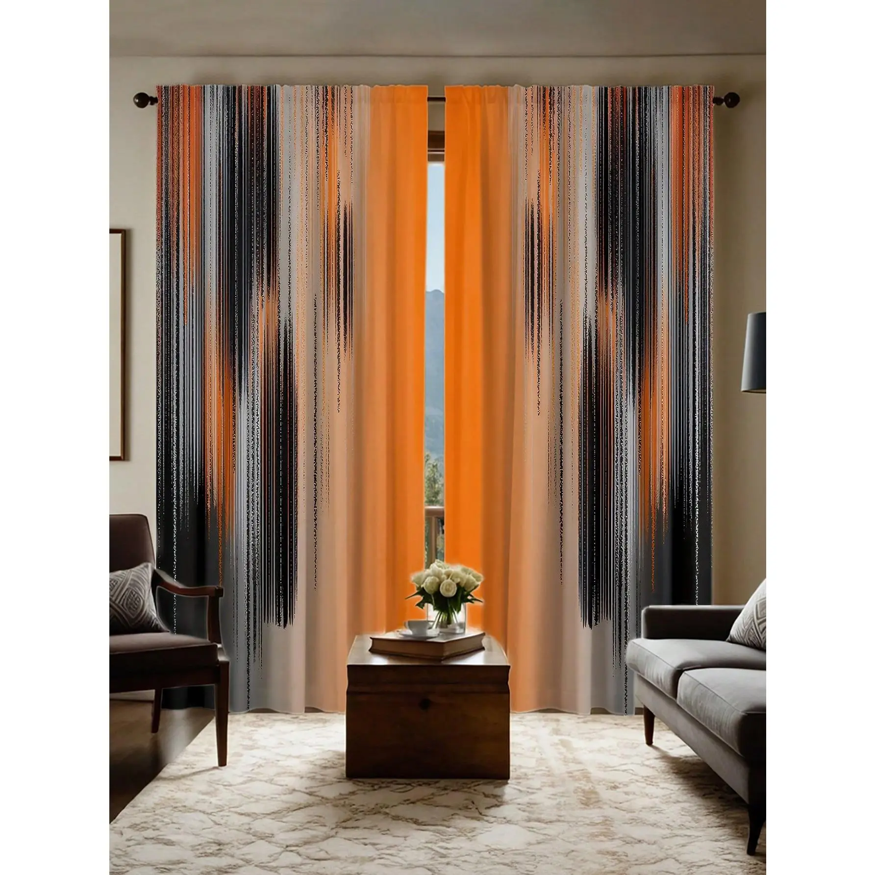 2pcs Modern Orange & Black Ombre Curtains, Suitable For Living Room Or Bedroom Decor, Fashionable Distressed Rust Design,  Easy Care, Great For Home Or Gift, Living Room Curtains.Summervibes Interior Decoration Accessories
