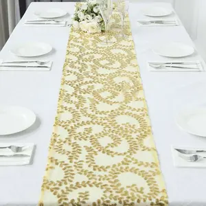Sequin Mesh Table Runner 12"x108" Gold Leaf Vine Embroidered Design Perfect for Luxe Occasions