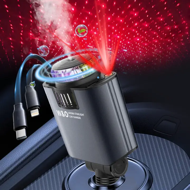 5-in-1 Retractable Car Charger, Scented Car AirFreshener 3 scents,Red starlight roofprojection[Max100W] Fast charging (support TypeC+IOS interface)