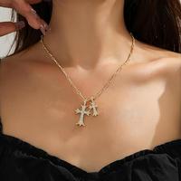 Gold Crozier-sized stacked zircon cross necklace