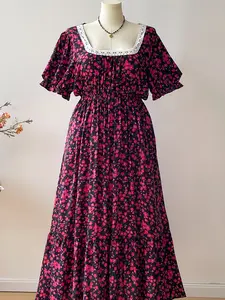 Plus Size Bohemian Floral Print Woven Maxi Dress, Womenswear, Elegant Long Summer Dress with Square Neck and Waist-Cinching Design, Ideal for Beach Vacation, Casual Wear