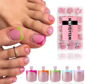 Toe Nail Press Ons, French Tips Toe Press On Nails, 150pcs Square Pre-Designed Soft Gel Thick False Toenail Extension, 5 Colors Full Cover Acrylic Nails for DIY 15 Sizes