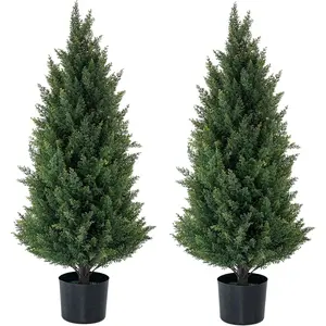 Artificial Topiary Trees 3 Foot Artificial Cedar Trees  Potted  Set of 2 Faux Bushes  Shrubs for Outdoor Indoor Front Porch Garden