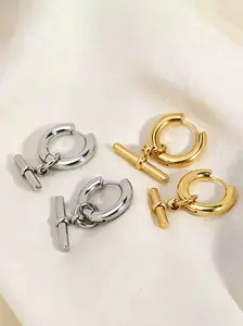 T-Shape Stud Earrings, Polished Stainless Steel Jewelry, 18k Drop Earrings, Casual Leisure Style, All Seasons Fashion Accessory