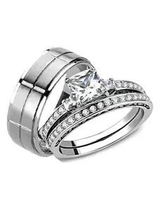 His Hers 3 Piece Stainless Steel & Titanium Matching Wedding Band Ring Set