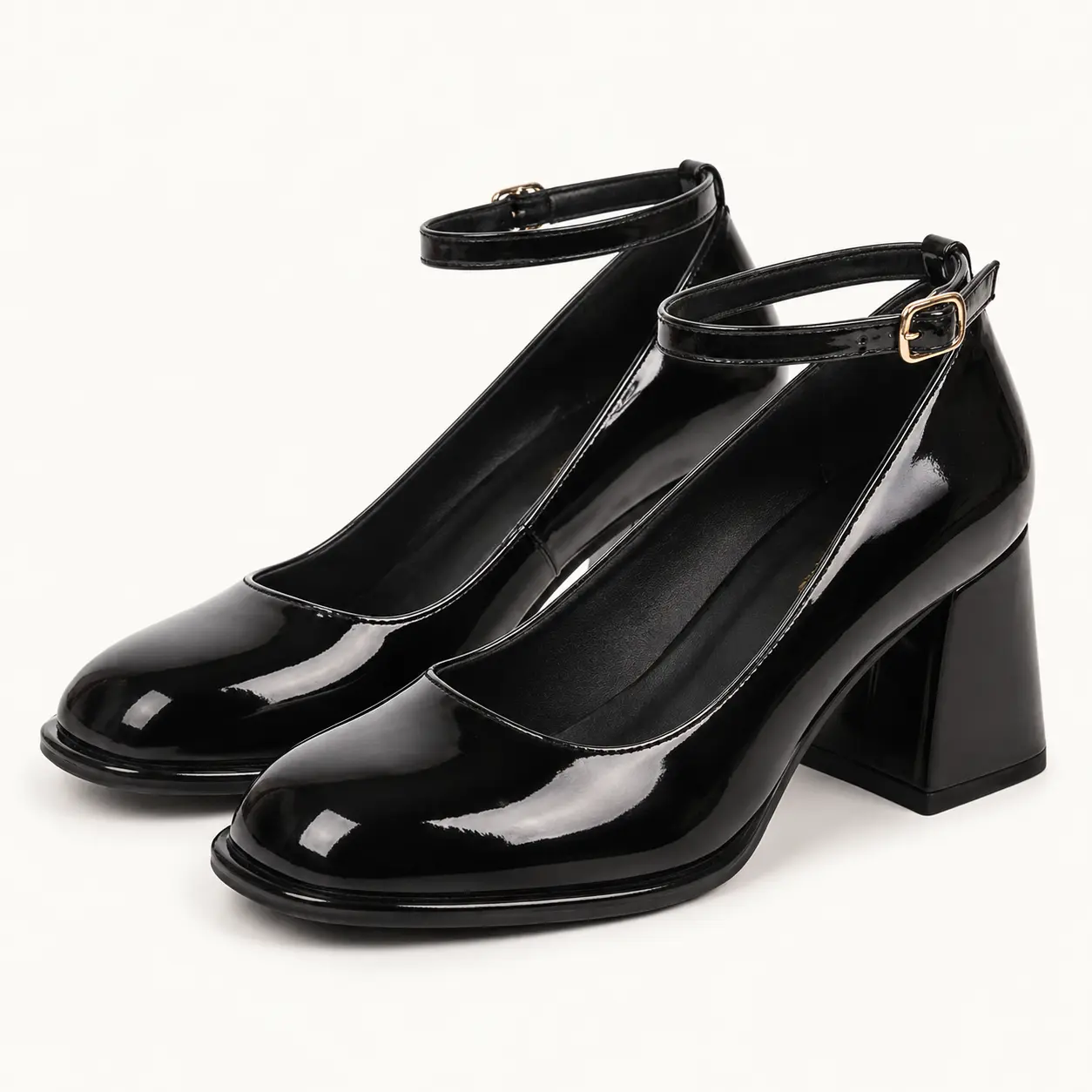 GeeYea women’s Black Patent Ankle Strap Block Heel Shoes, Closed Round Toe High Heels with Adjustable Buckle, Synthetic Leather Lining & Rubber Sole, Elegant Office, Date Night & Party Shoes