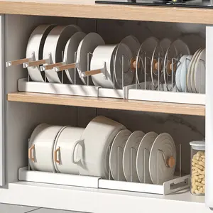 Expandable Pot and Pan Organizer Rack for Cabinet, Pot Lid Organizer Holder with 7 Stainless Steel Adjustable Dividers for Kitchen Cabinet Organizer and Storage (White)