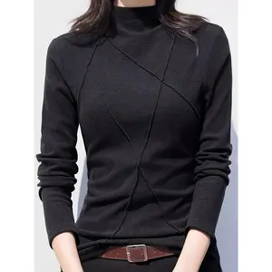 Plus Size, Women's Thickened Turtleneck Sweater - Winter Warm Stand Collar Base Layer Top, High-Stretch Low-Maintenance Black Shirt for Layering Under Dresses & Blouses, Machine Washable Fall/Winter Clothing