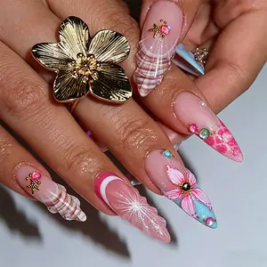24Pcs Medium Press on Nails Almond French Tip Fake Nails Pink Hawaii Flower Acrylic Nails with Gold Rhinestones Design Summer Glue on Nails Full Cover Artificial False Nails Tips for Women Manicure