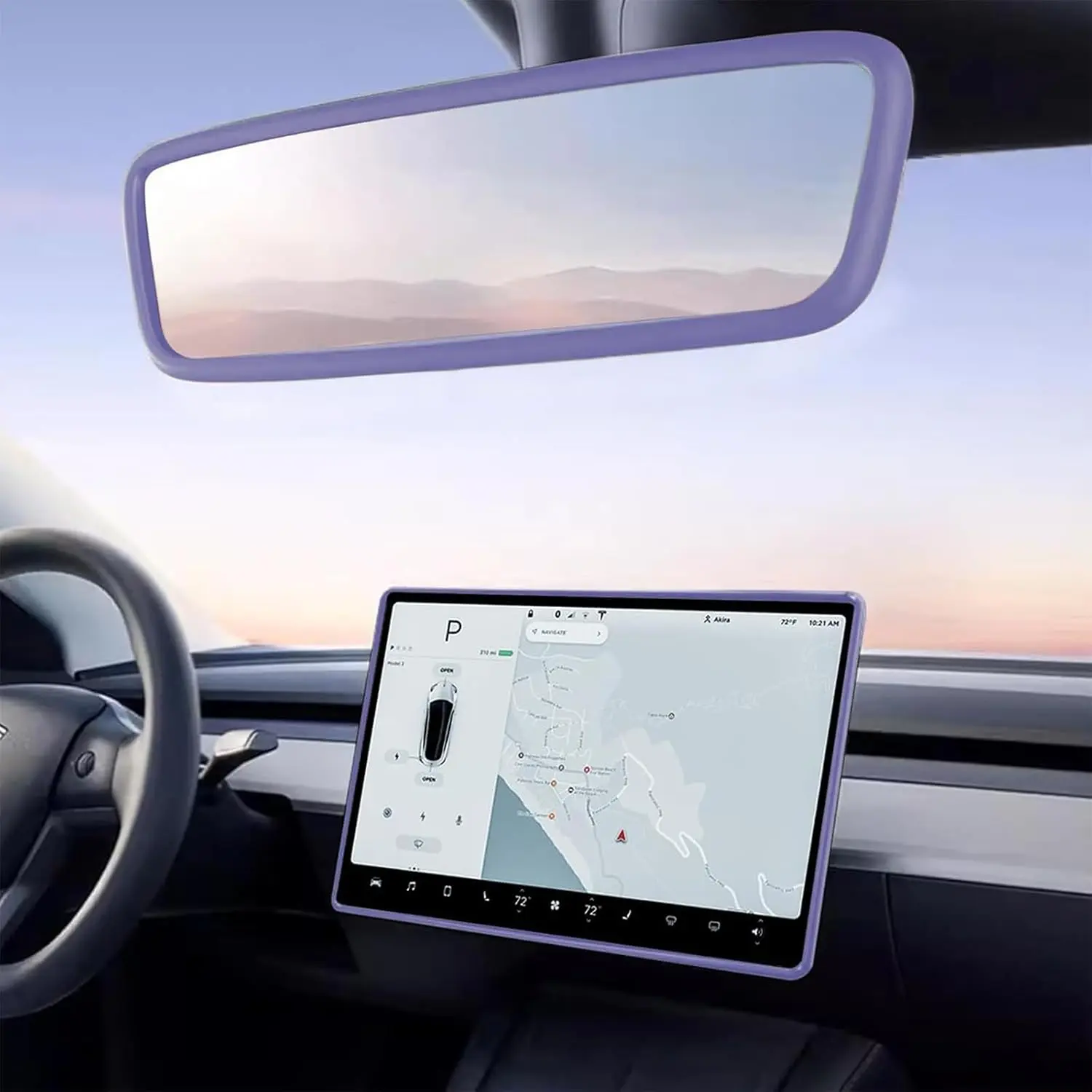 2PCS ABS Plastic Car Interior Decor Trim Set - Compatible with Tesla Model 3/Y 2020-2026 Highland Juniper, Includes Screen Edge Frame, Rearview Mirror Cover, Center Console Accessories (Black, Blue, Gray, Purple)