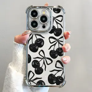 Black Cherry Pattern Phone Case , Electroplated Cover with Airbag Shockproof Slim Soft TPU Cover for iPhone 11 12 13 14 15 16 Pro Max Plus Girl Women