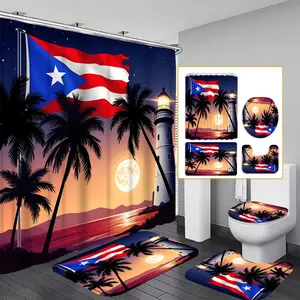1pc/4pcs 2D Flat Puerto Rican Moonlit Lighthouse Pattern Multi-color Background Shower Curtain, Modern Home Bathroom Art Decoration, Bathroom Decoration Accessories, Bathroom Supplies, Shower Curtain Set with 12 Hooks, Bathroom Non-slip Mat, Toilet Cover