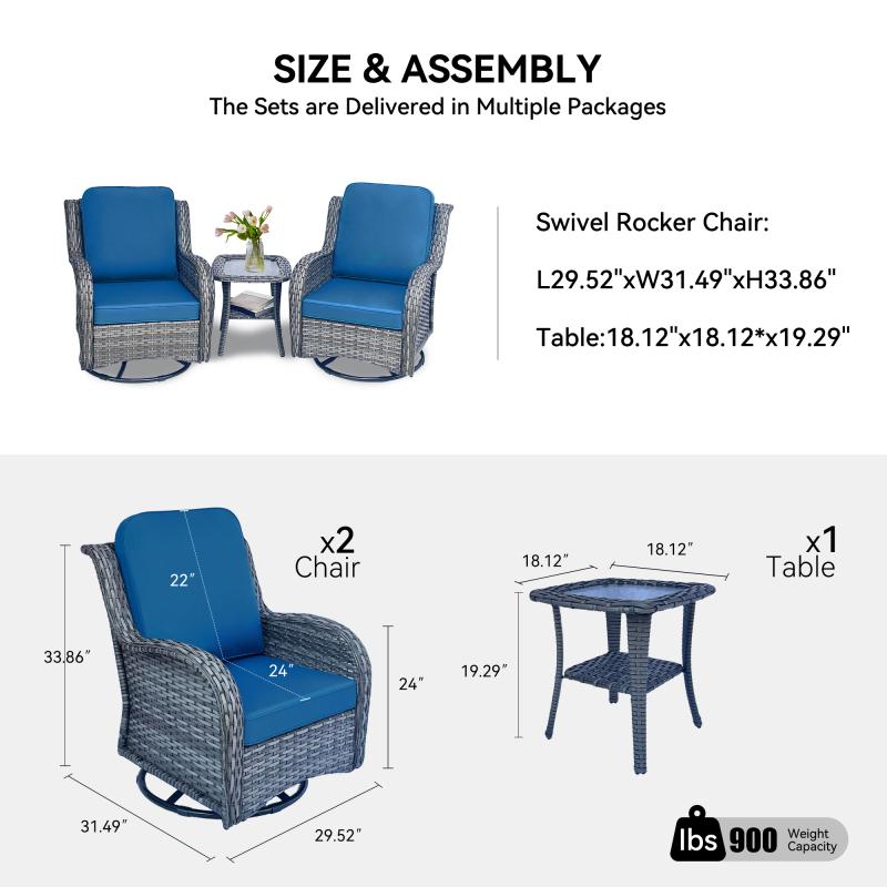 Outdoor Swivel Rocker Chairs 3 Pieces Wicker Swivel Patio Chair with Rattan Side Table, Wicker Patio Furniture Set, 3 Piece Rattan Outdoor Sectional Conversation Sets 2 Piece Wicker Hang gliding  Chairs and 1 Side Table, Blue+Grey