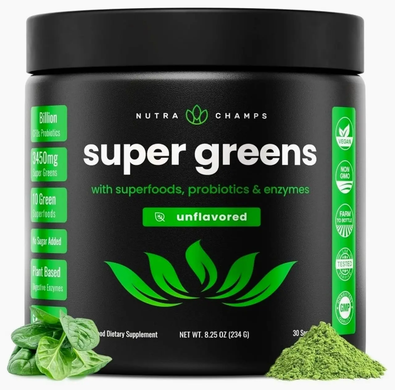 NutraChamps Super Greens Powder Premium Superfood | 20+ Organic Green Veggie Whole Foods | Wheat Grass, Spirulina, Chlorella | Antioxidant, Digestive Enzyme & Probiotic Blends (9.0 Oz, Unflavored)