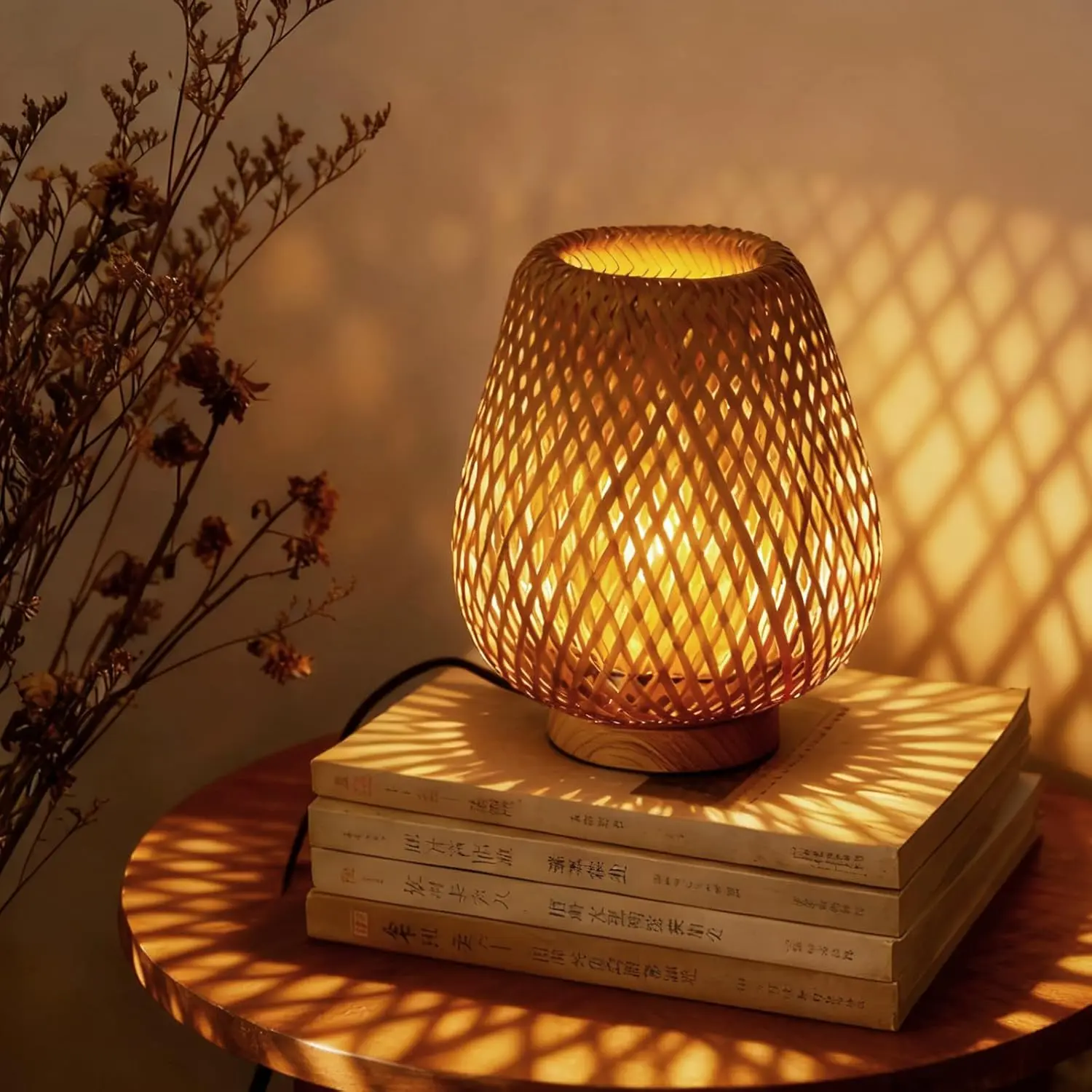 Abstract Art Table Lamp with Double-Layer Woven Shade & Wood Base, Dimmable E26 Socket Desk Lamp with 6ft AC Power Supply Cord, 110V Plug (Bulb Included) for Living Room Night Stands, Bedroom (Suitable for 4-6 Years Room Decor), Table Lamps