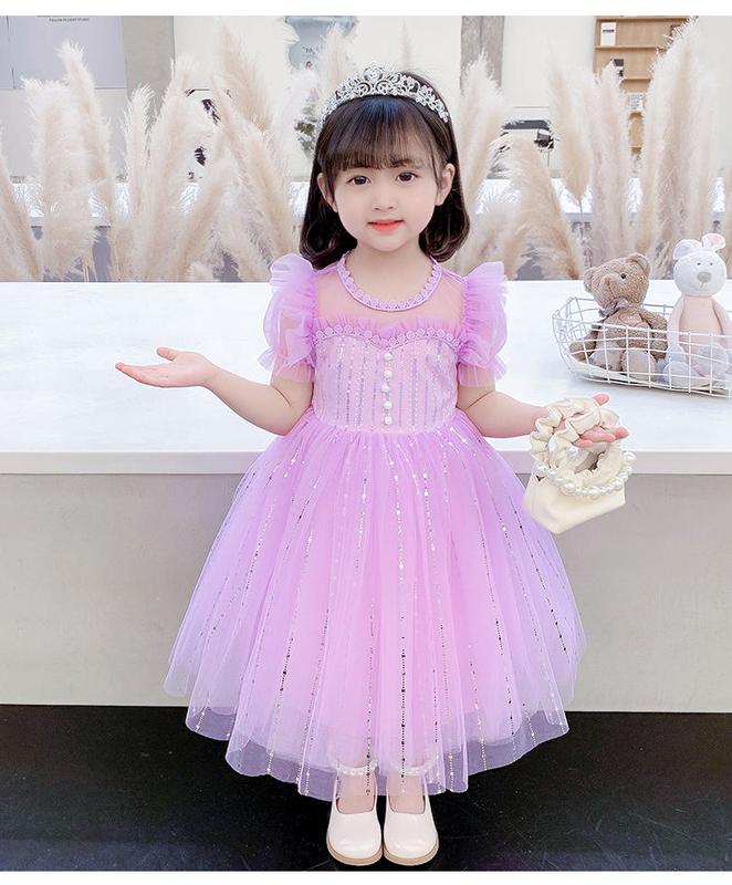 Girls' Purple Round Neck Sweet Princess Dress - Sparkly Glitter Sequin Tulle Polyester Party Gown for Ages 3-8Y (3-4Y,4-5Y,5-6Y,6-7Y,7-8Y) - Casual, Do Not Dry Clean
