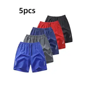 5Pcs Men's Simple Sports Shorts, Thin Ice Silk Quick-drying Running and Fitness Pants for Summer, Loose, Breathable and Casual Knee-length Trousers