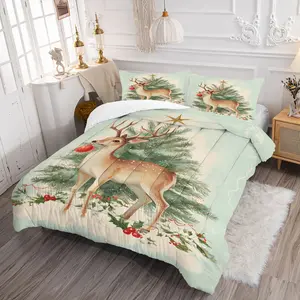 Foldable Portable Polyester Christmas Bedding Set, Includes Quilt and Pillowcases, Fun Cartoon Snowman Print, Kids' Bedroom Decor