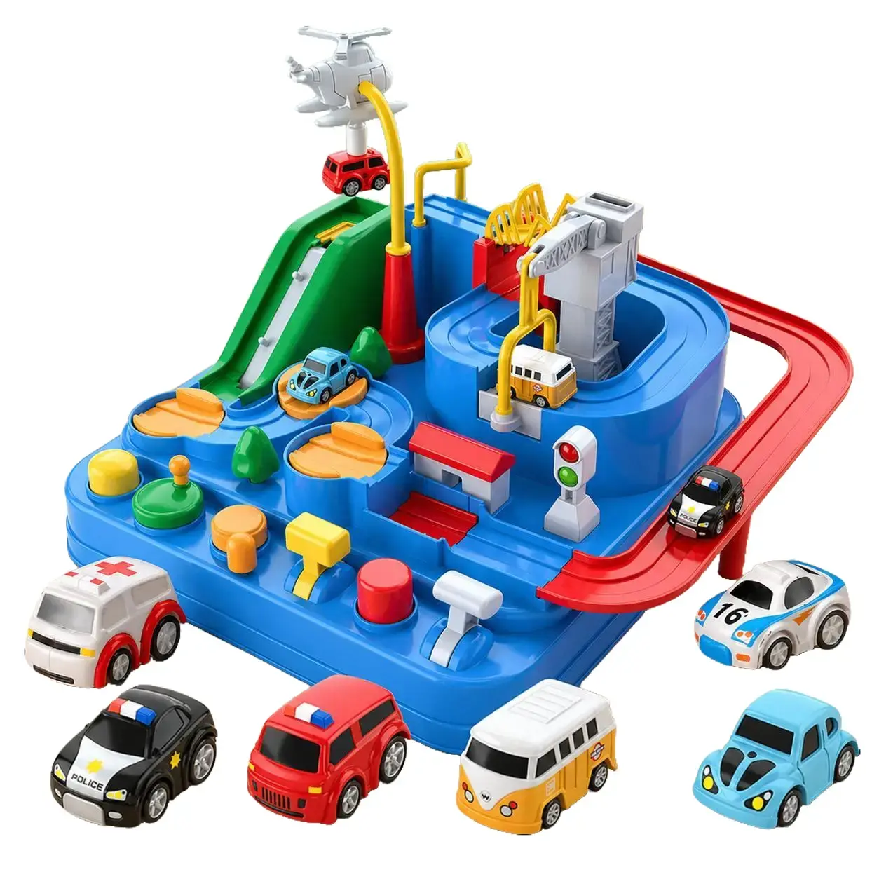 Car Adventure Track Toy for Toddlers, 8-Level City Rescue Race Track Set with 6 Mini Cars, Manual Parking Garage Game and Busy Board Toy