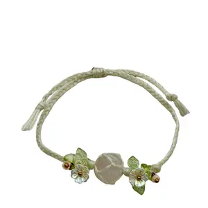 Rose Quartz Fairy Bracelet – Adjustable Braided Cord, Floral Accents