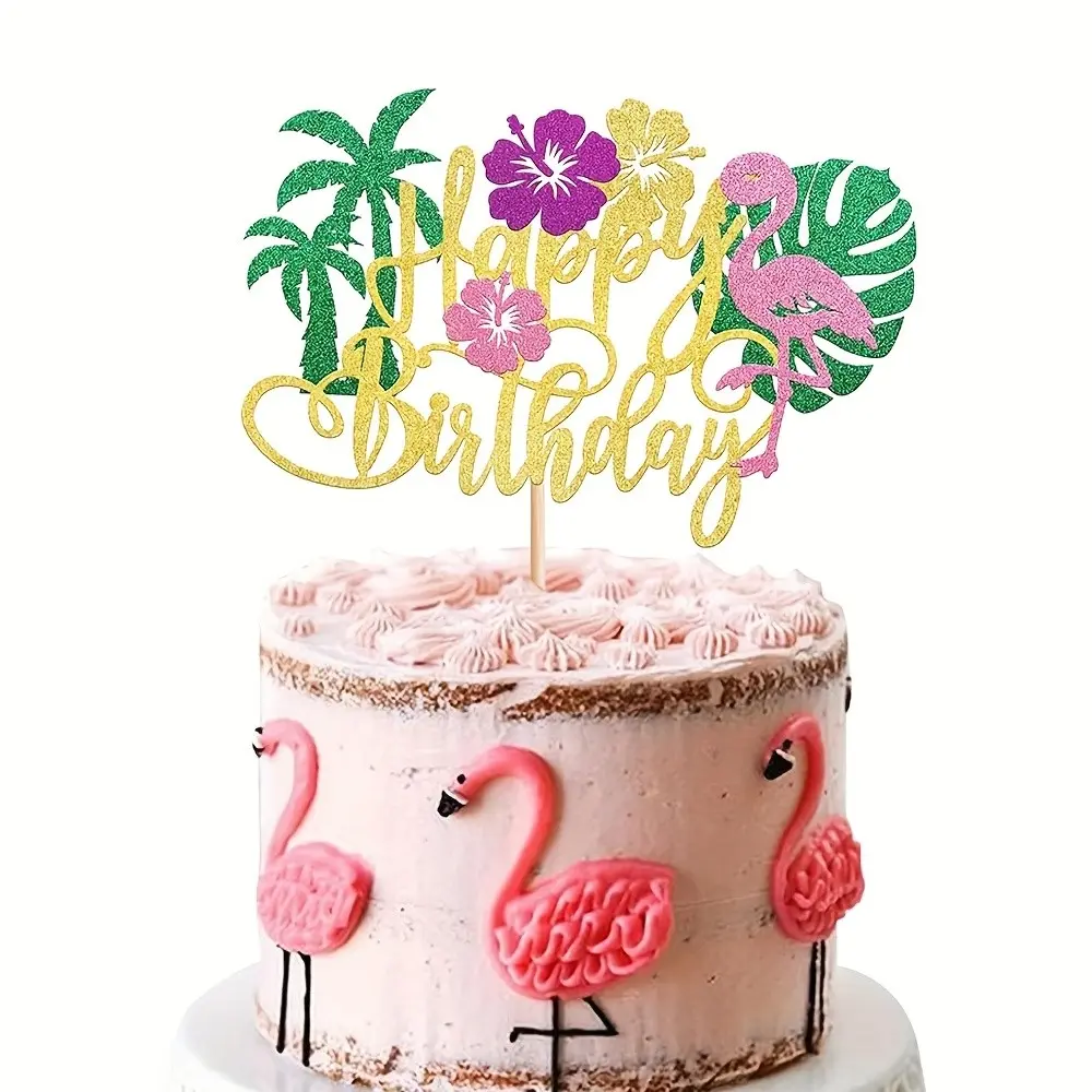 This flamingo cake decoration, birthday party supplies, glitter paper baking cake insert, flag insert, topper, dessert table set