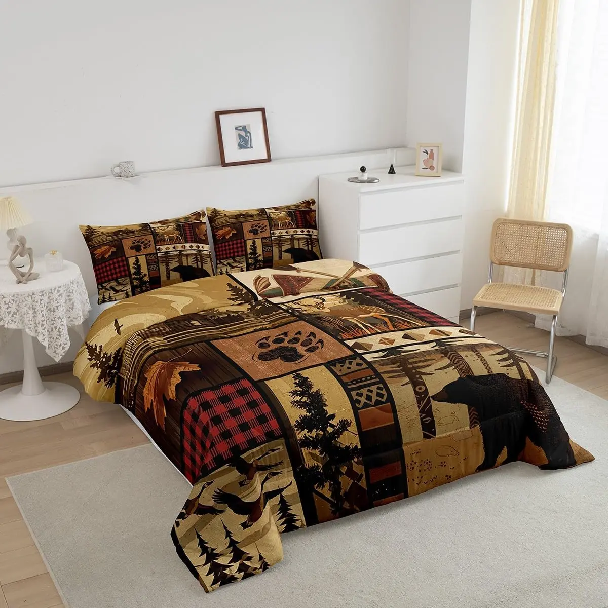 Feelyou King Size Breathable Microfibre Decorative Bedding Set - Animal-Inspired Bear & Cute Deer Prints, Western Farmhouse Rustic Cabin Decor, Machine Washable Quilt