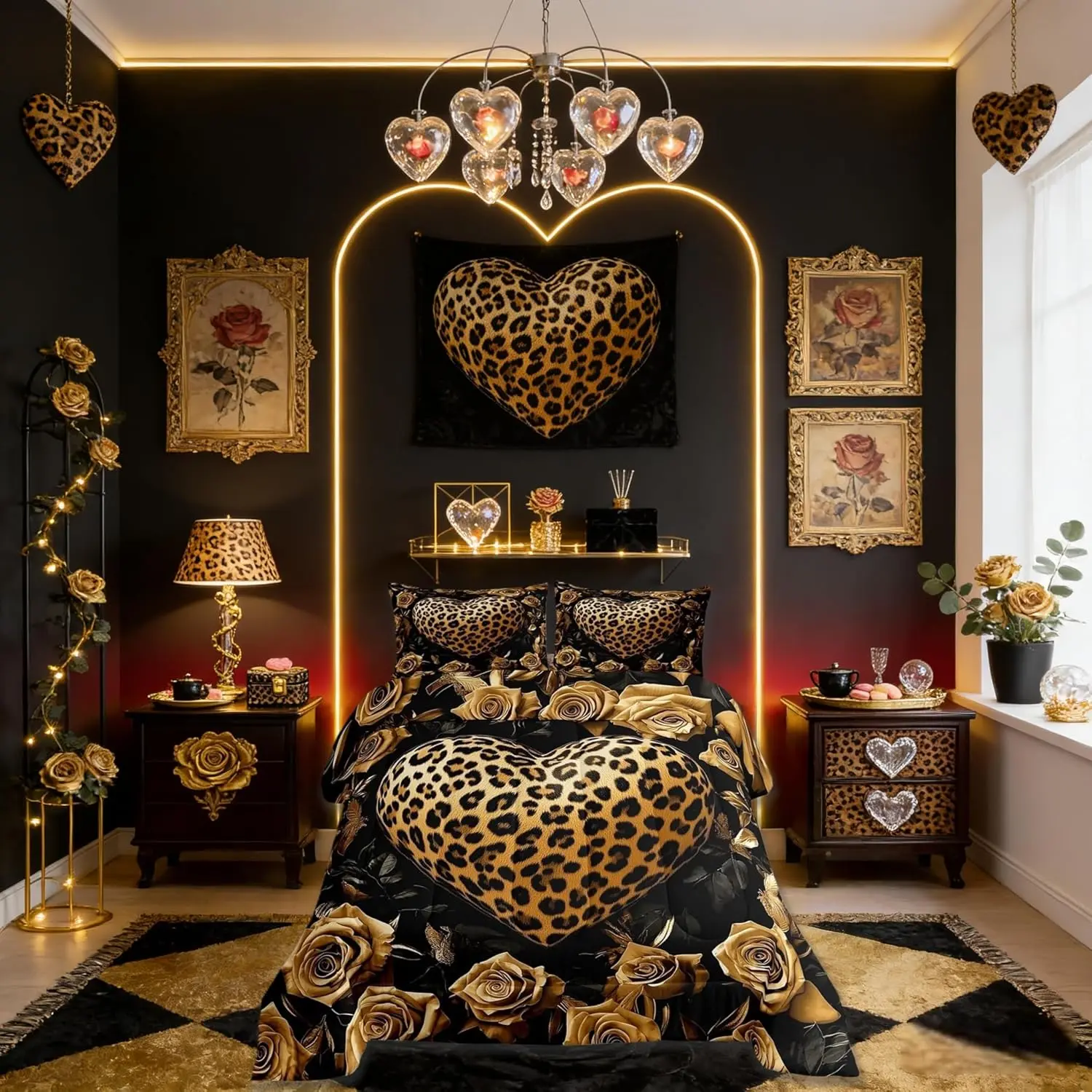 Feelyou Wild Cheetah Animal Print Bedding Set - Unique Leopard Yellow Rose Floral Comforter Set, Machine Washable RV-Ready Flower Heart Quilt Duvet Insert for Yellow Black Bedrooms, Unique Bedding Sets
